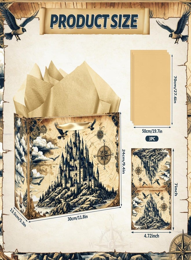 Woosytoo Large Magic Wizard Gift Bag with Tissue Paper and Greeting Card Ancient Castle Princess Birthday Party Favor Bags Magical Wizard School Wedding Gift Wrapping Paper Bag for Themed Birthday Party - Image 2
